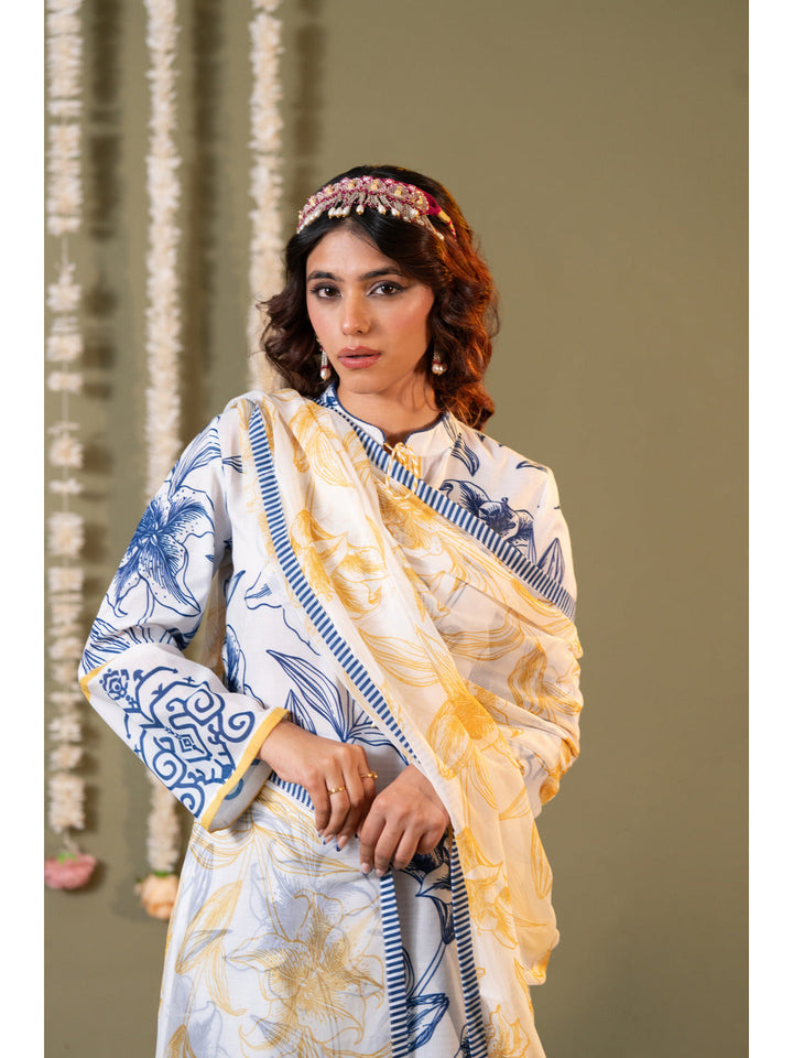 White-And-Blue-Cotton-Floral-Printed-3-Piece-Kurta-Set