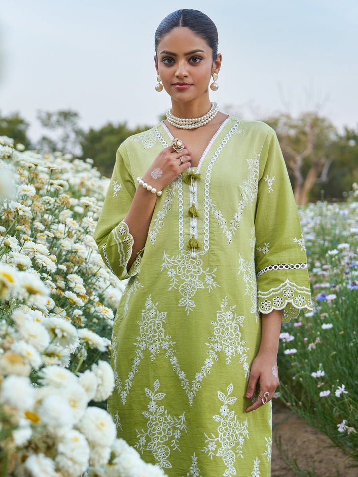 Green-Pure-Cotton--Ombre-Schiffli-Embroidered-2-Piece-Kurta-Set