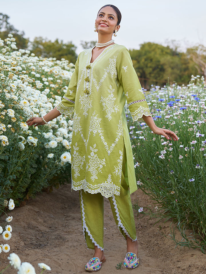 Green-Pure-Cotton--Ombre-Schiffli-Embroidered-2-Piece-Kurta-Set