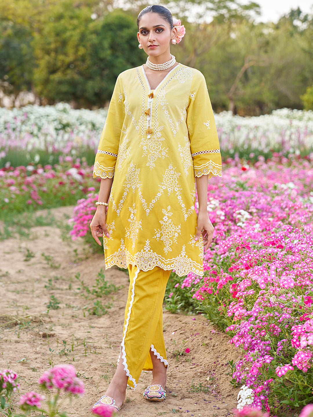 Yellow-Pure-Cotton-Ombre-Schiffli-Embroidered-2-Piece-Kurta-Set