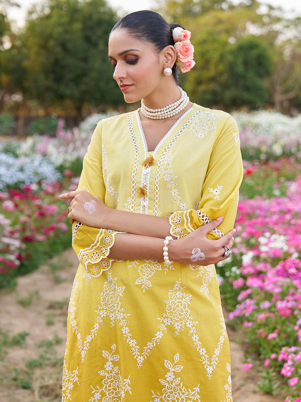 Yellow-Pure-Cotton-Ombre-Schiffli-Embroidered-2-Piece-Kurta-Set