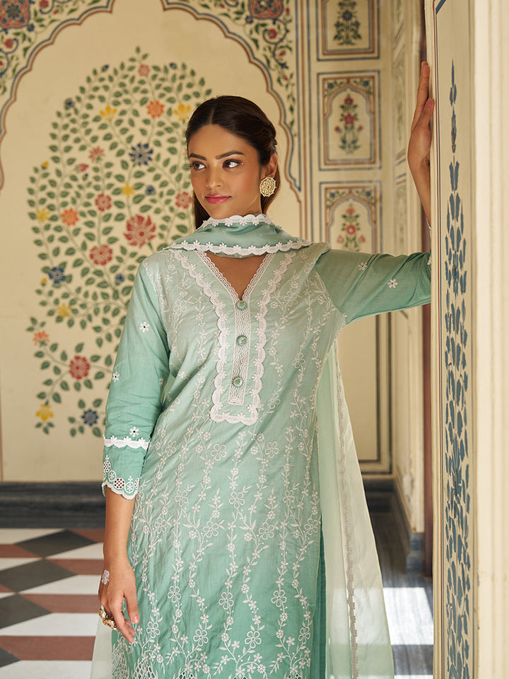Green-Cotton-Schiffli-Embroidered-Ombre-3-Piece-Kurta-Set