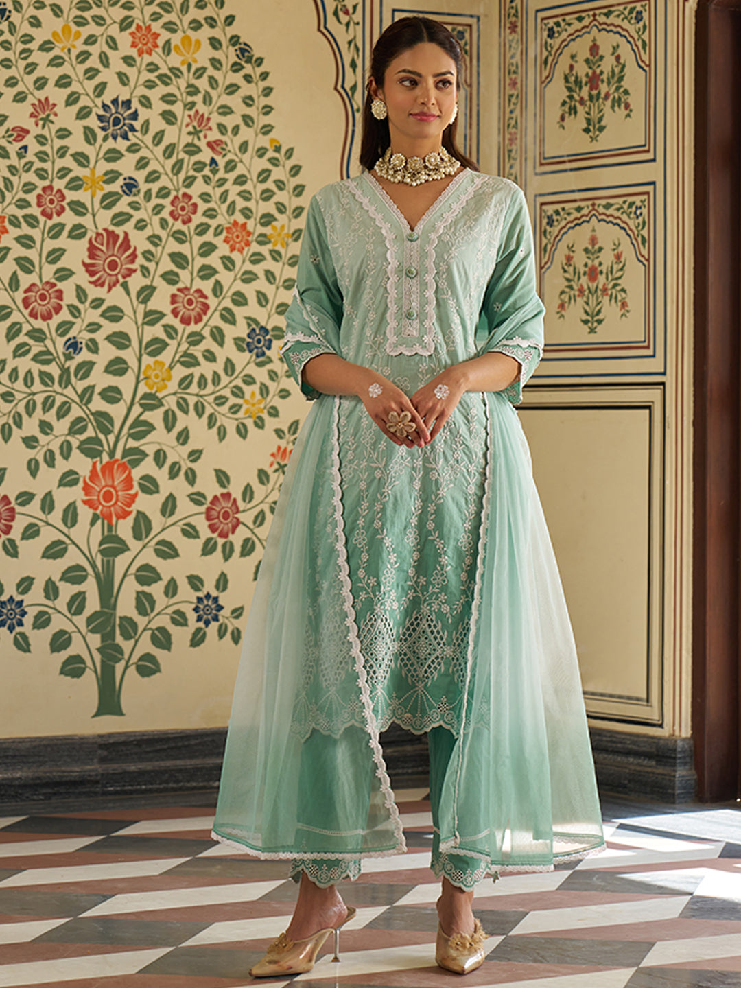 Green-Cotton-Schiffli-Embroidered-Ombre-3-Piece-Kurta-Set