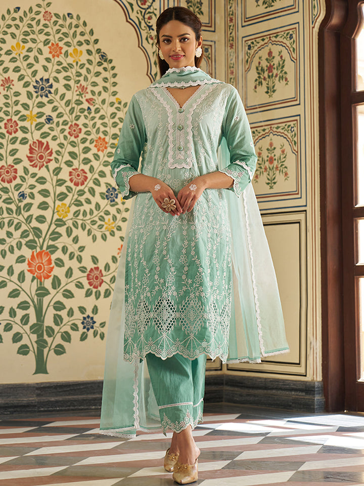 Green-Cotton-Schiffli-Embroidered-Ombre-3-Piece-Kurta-Set