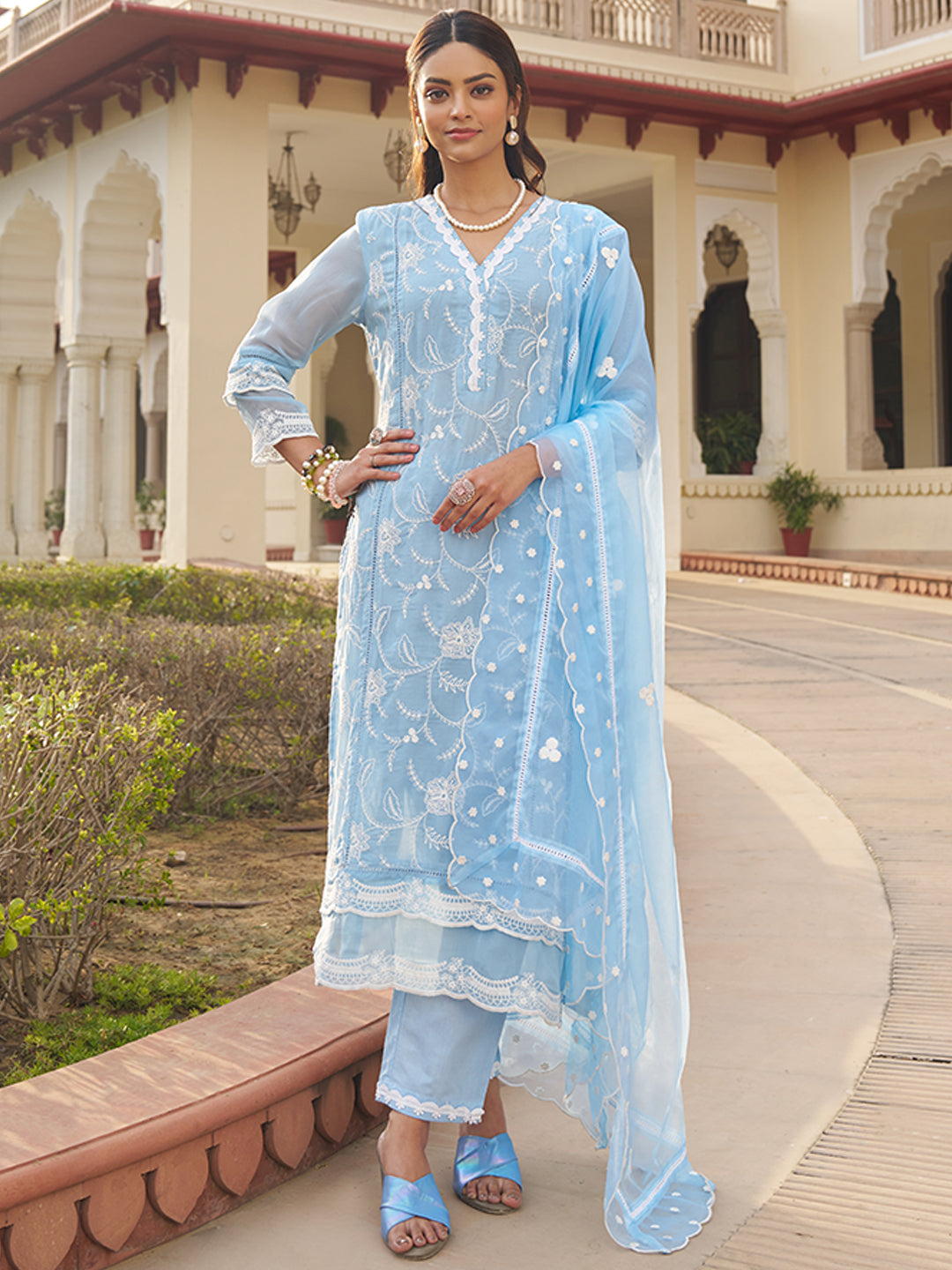 Blue-Organza-Schiffli-Embroidered-3-Piece-Kurta-Set