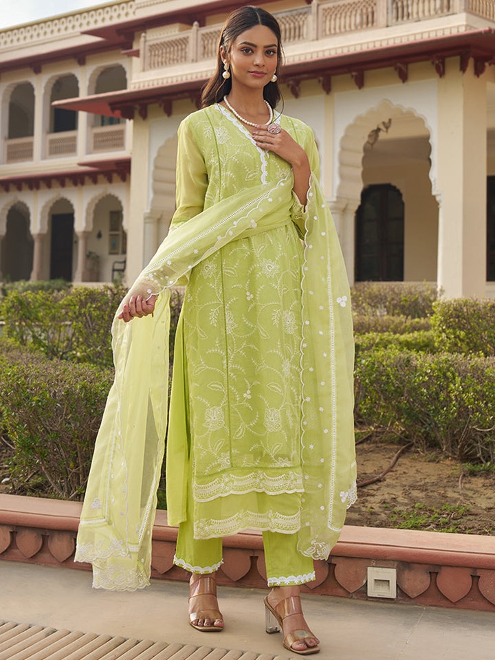 Green-Organza-Schiffli-Embroidered-3-Piece-Kurta-Set