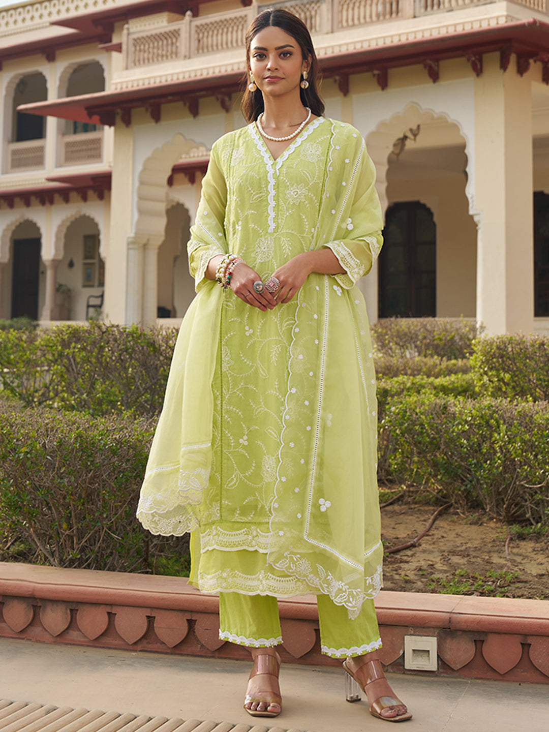 Green-Organza-Schiffli-Embroidered-3-Piece-Kurta-Set