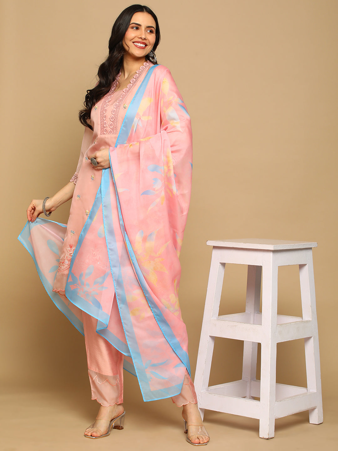 Pink-Silk-Blend-Embroidered-A-Line-3-Piece-Kurta-Set