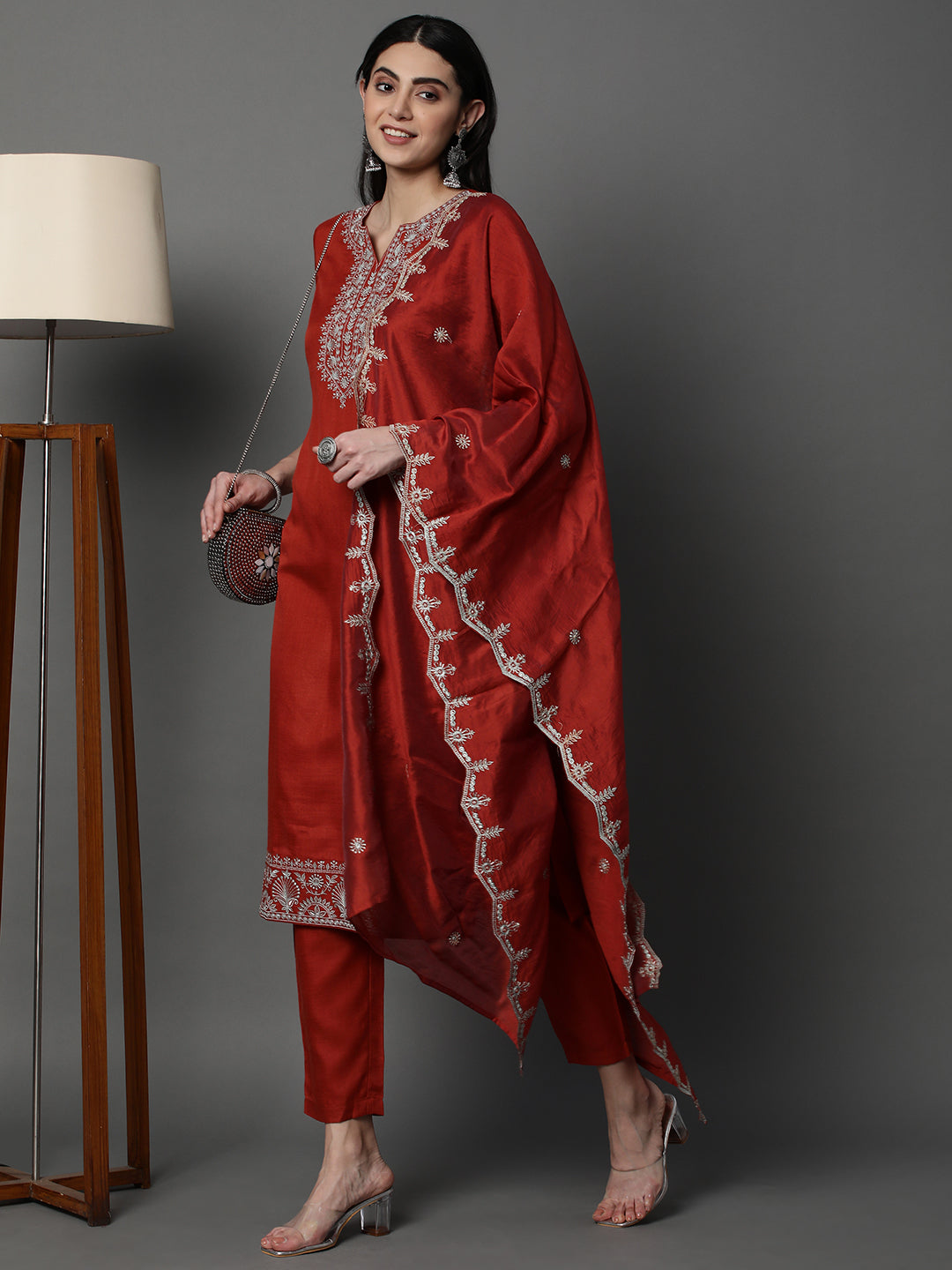 Brick-Red-Cotton-Blend-Embroidered-Chanderi-Silk-3-Piece-Kurta-Set