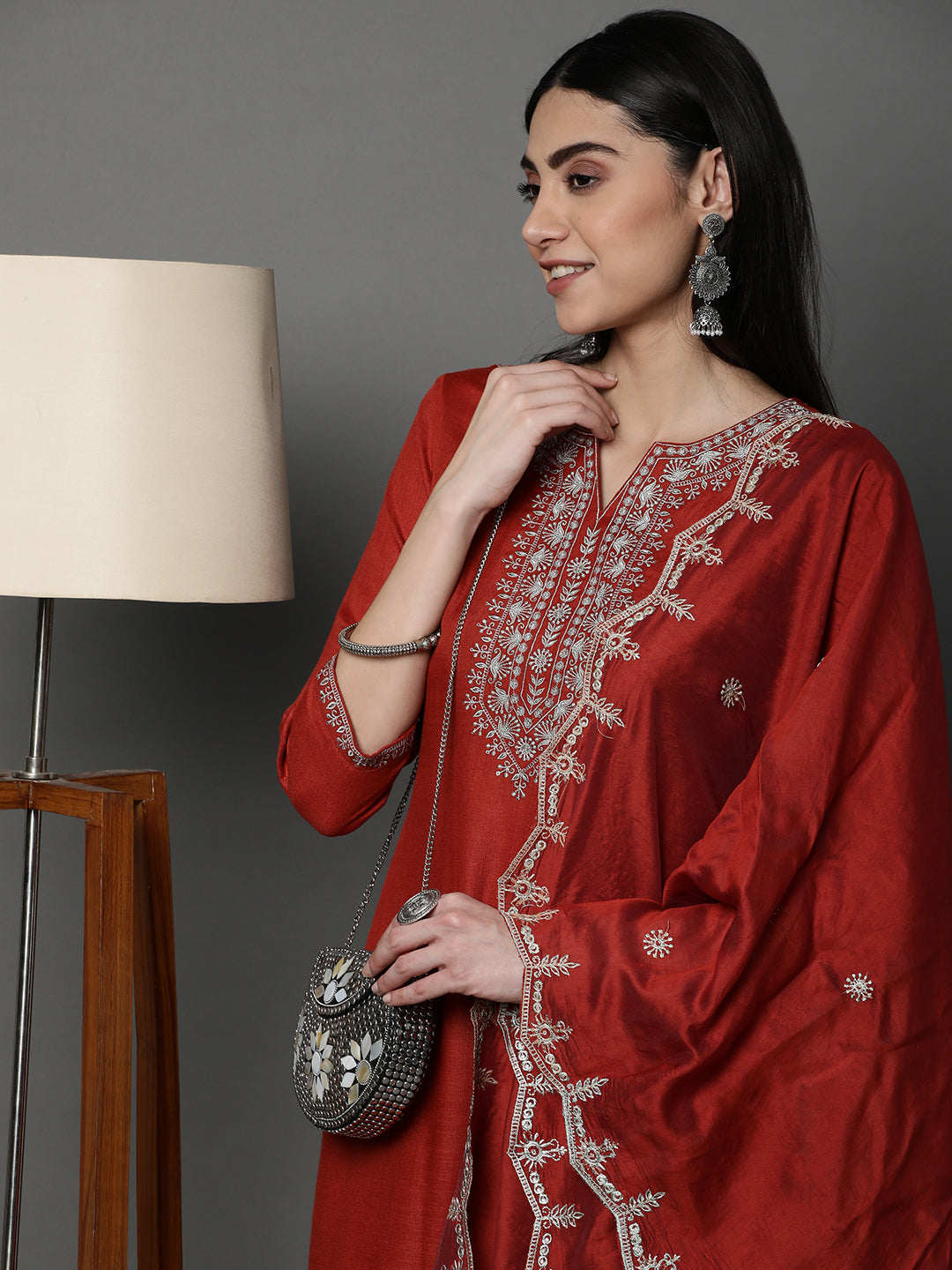 Brick-Red-Cotton-Blend-Embroidered-Chanderi-Silk-3-Piece-Kurta-Set
