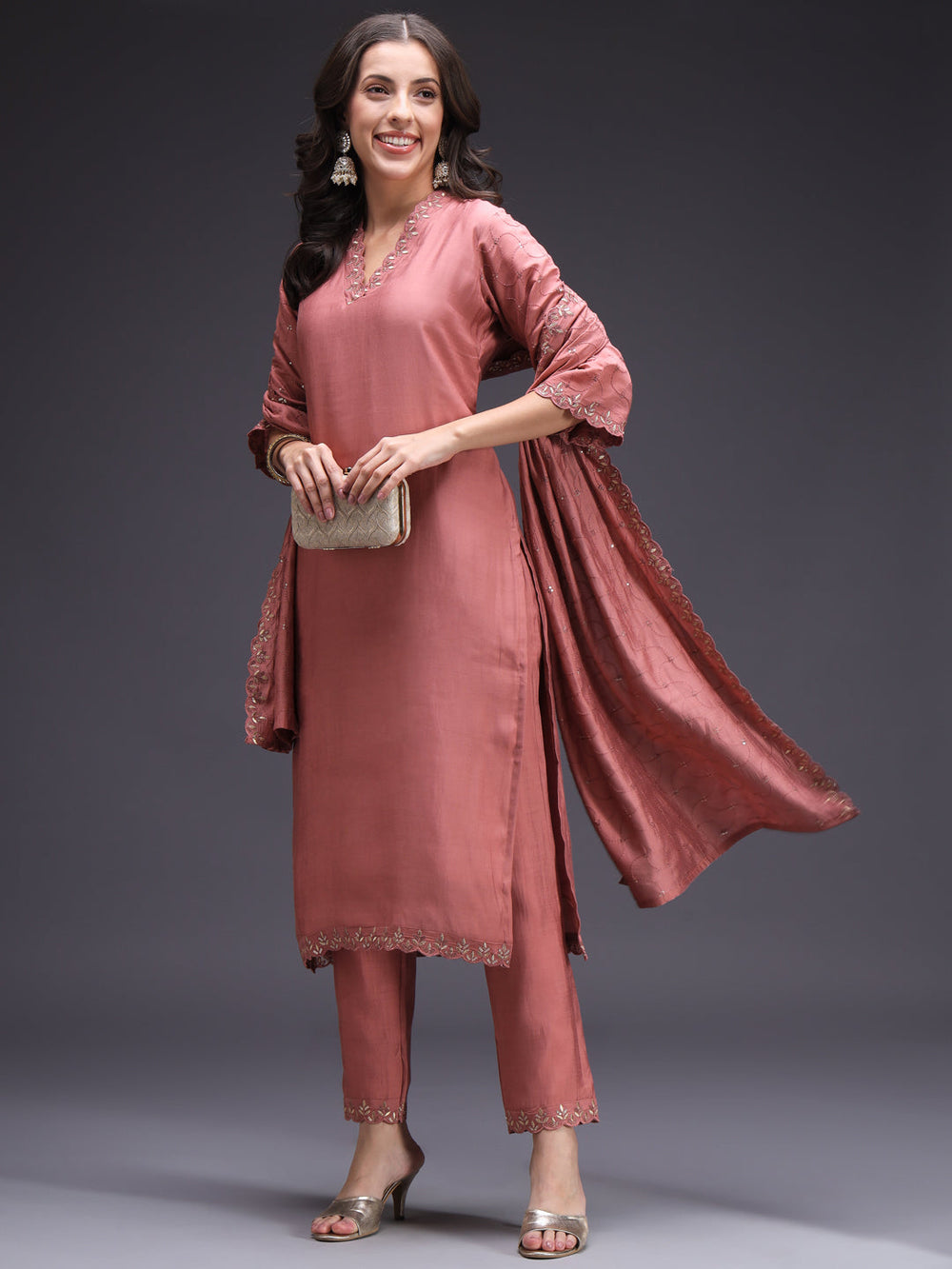 Red-Silk-Blend-Sequinned-Straight-3-Piece-Kurta-Set