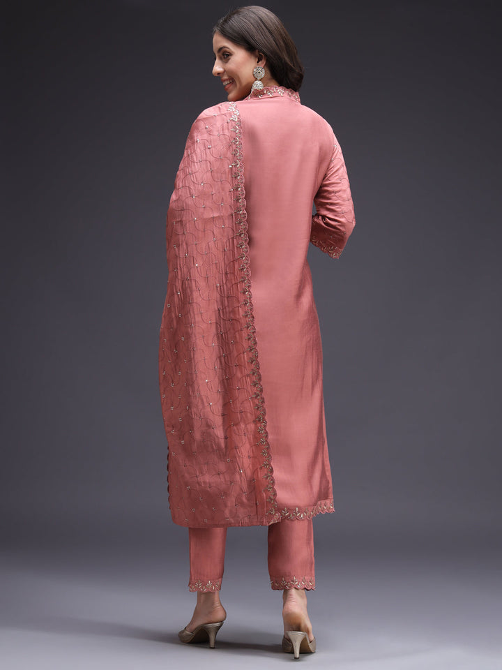 Red-Silk-Blend-Sequinned-Straight-3-Piece-Kurta-Set