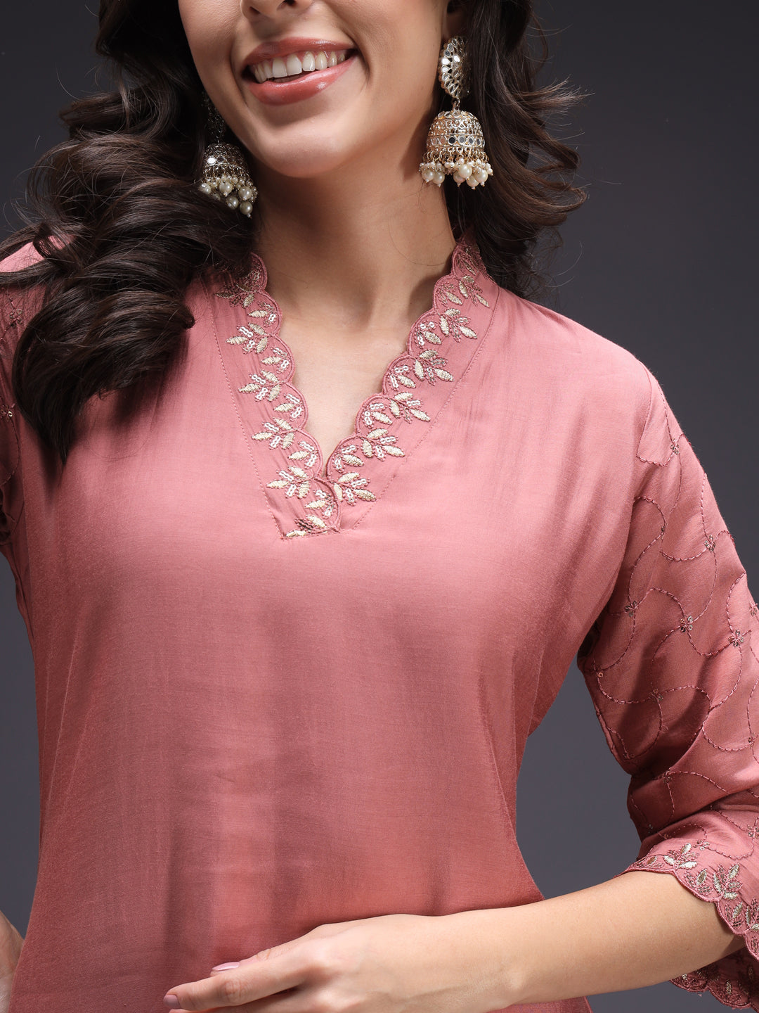 Red-Silk-Blend-Sequinned-Straight-3-Piece-Kurta-Set