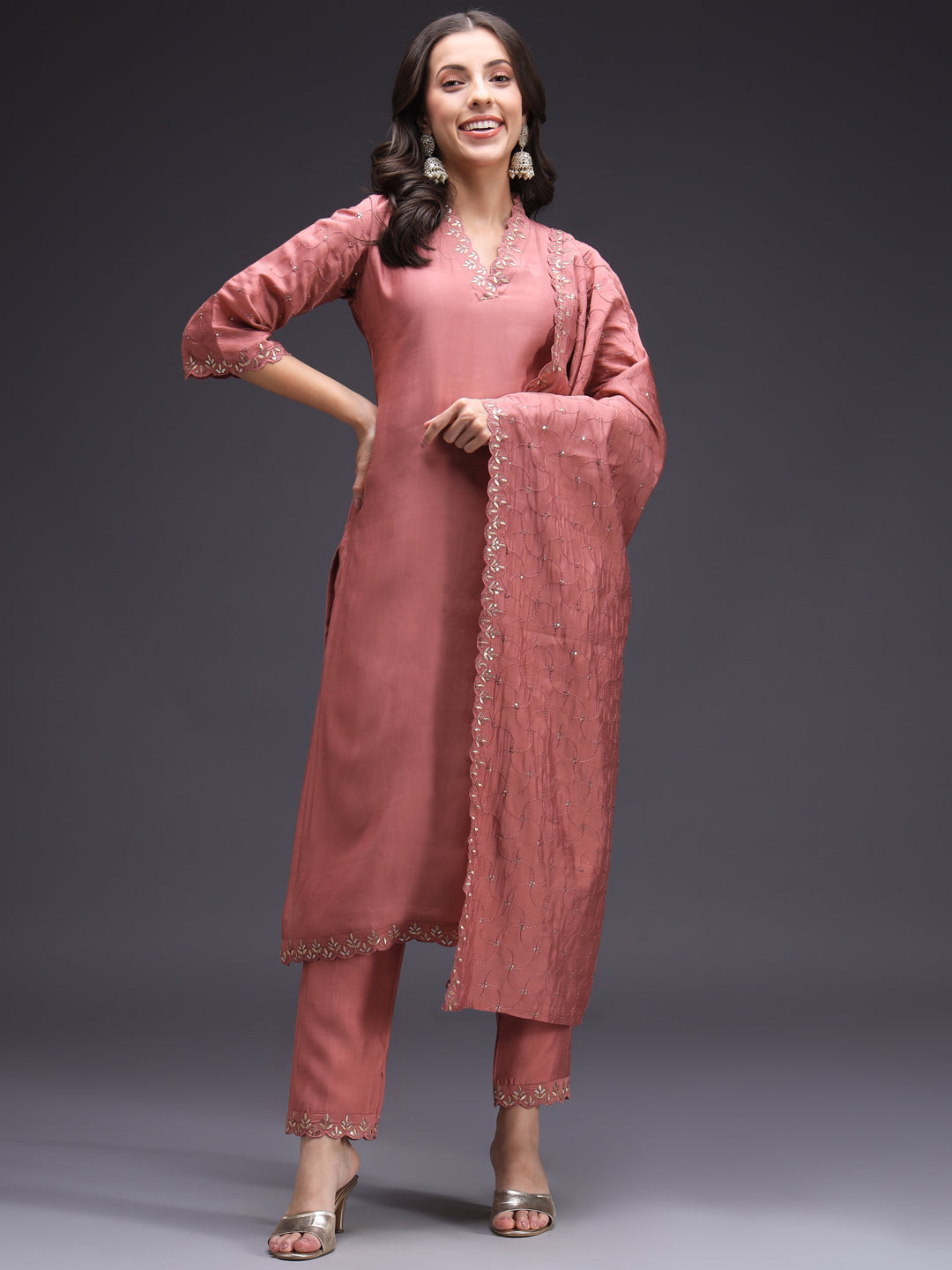 Red-Silk-Blend-Sequinned-Straight-3-Piece-Kurta-Set