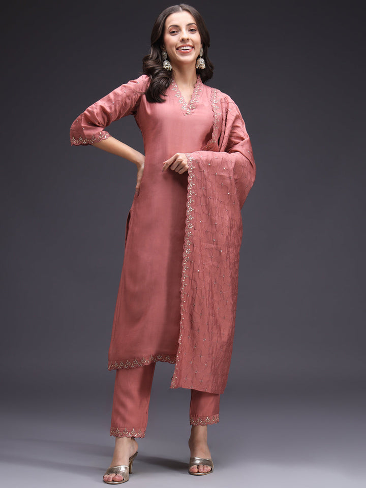Red-Silk-Blend-Sequinned-Straight-3-Piece-Kurta-Set