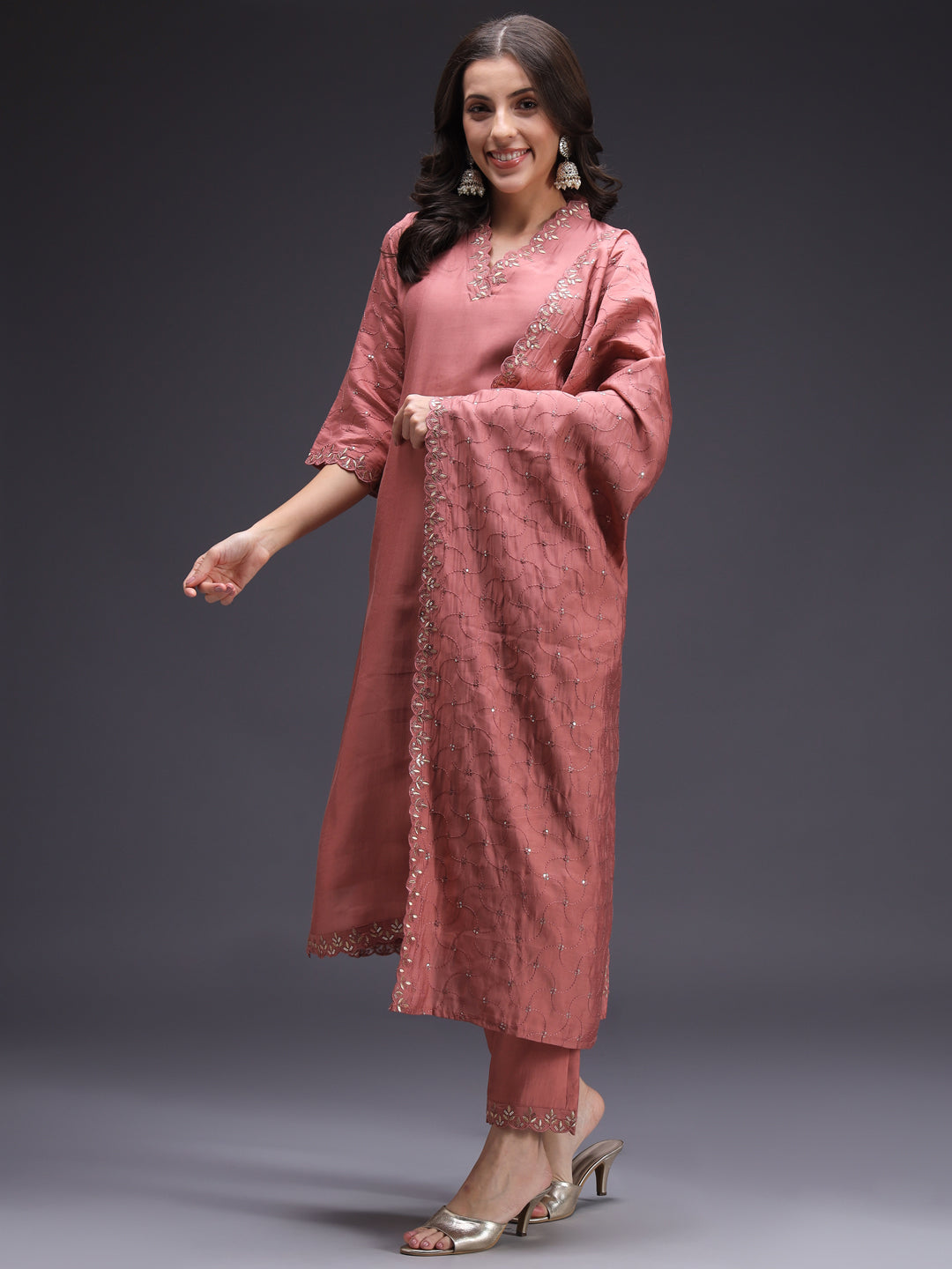 Red-Silk-Blend-Sequinned-Straight-3-Piece-Kurta-Set