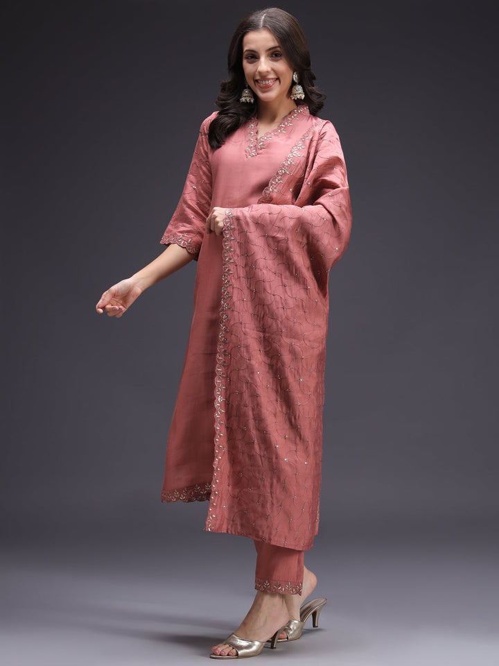 Red-Silk-Blend-Sequinned-Straight-3-Piece-Kurta-Set