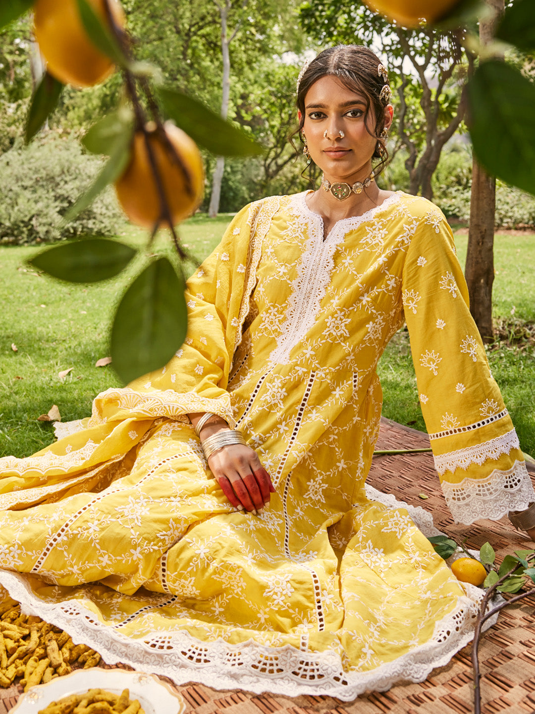 Yellow-Pure-Cotton-Schiffli-Anarkali-3-Piece-Kurta-Set