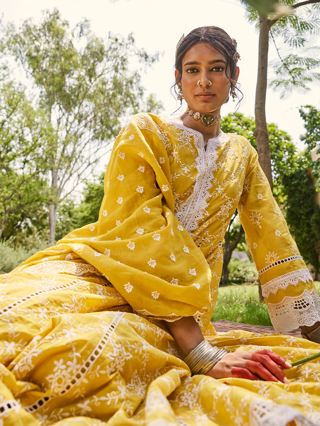 Yellow-Pure-Cotton-Schiffli-Anarkali-3-Piece-Kurta-Set
