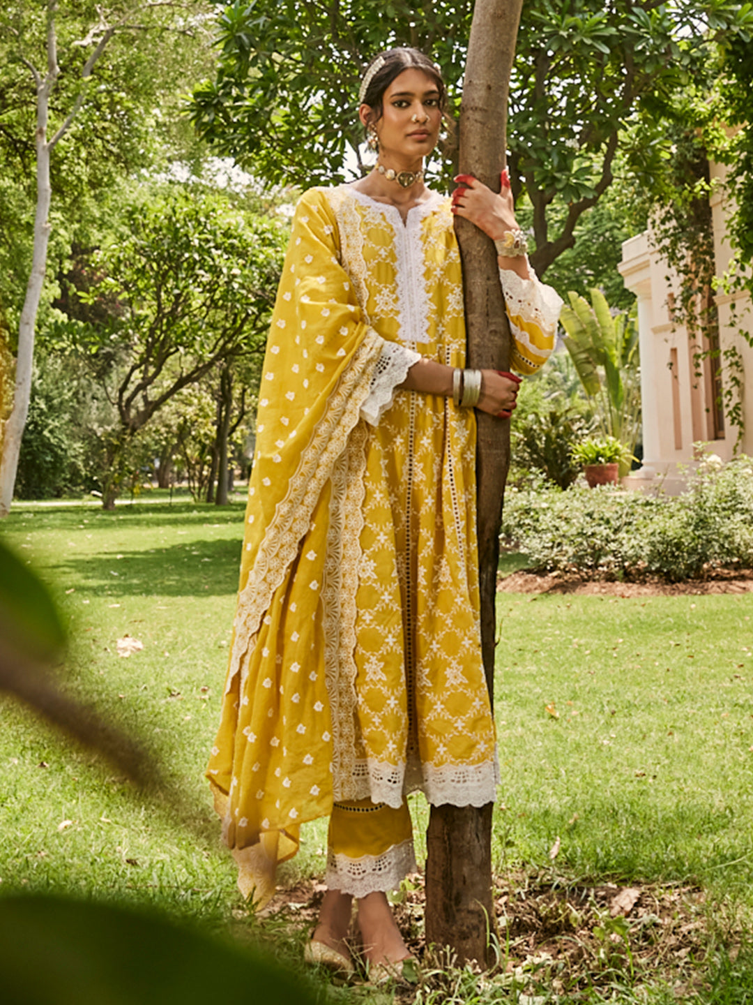 Yellow-Pure-Cotton-Schiffli-Anarkali-3-Piece-Kurta-Set