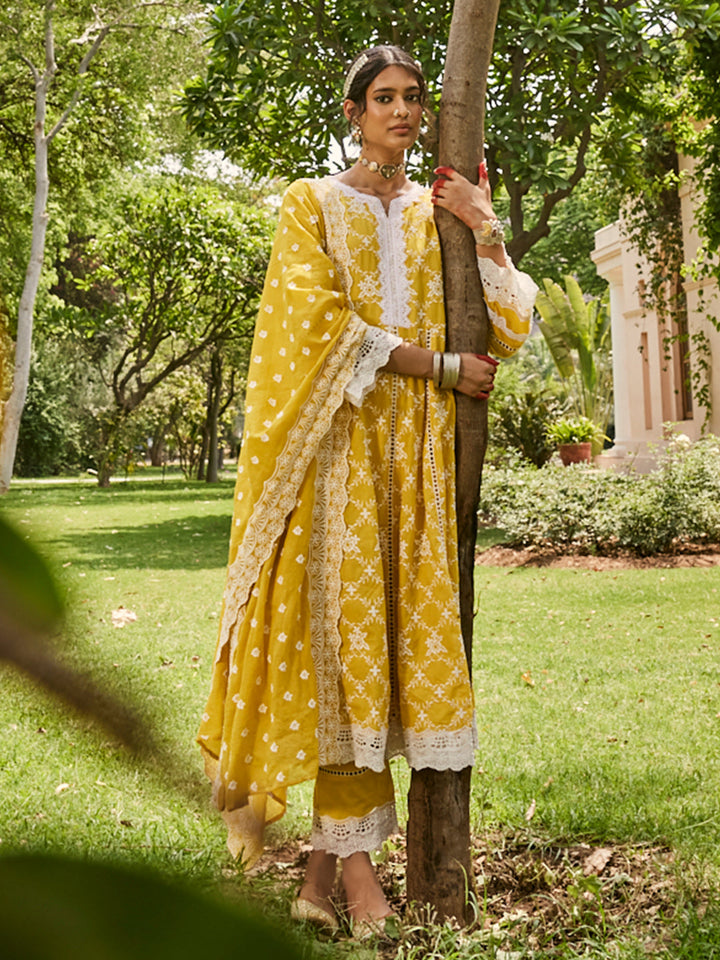 Yellow-Pure-Cotton-Schiffli-Anarkali-3-Piece-Kurta-Set