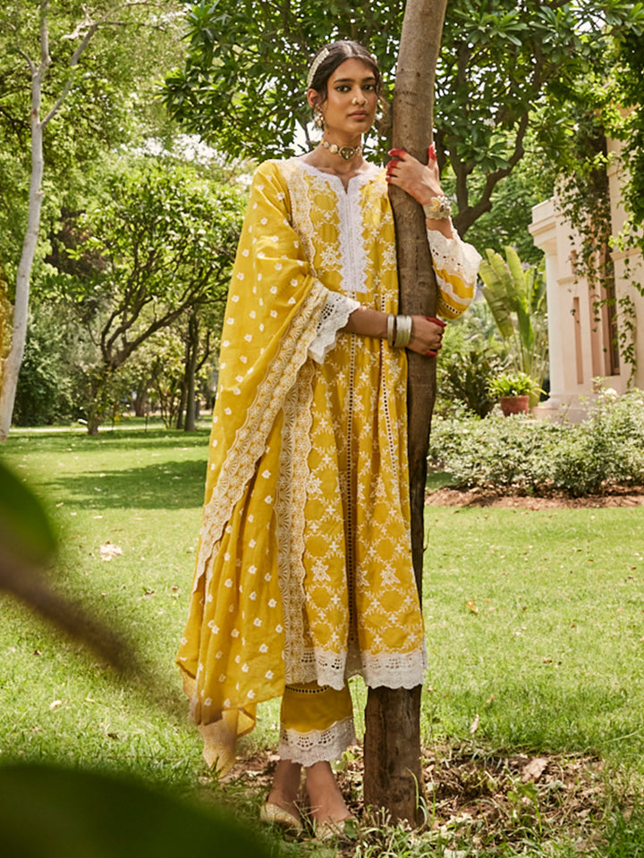 Yellow-Pure-Cotton-Schiffli-Anarkali-3-Piece-Kurta-Set