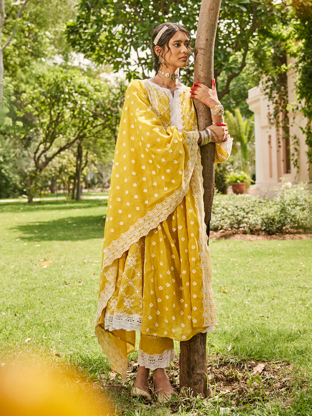 Yellow-Pure-Cotton-Schiffli-Anarkali-3-Piece-Kurta-Set