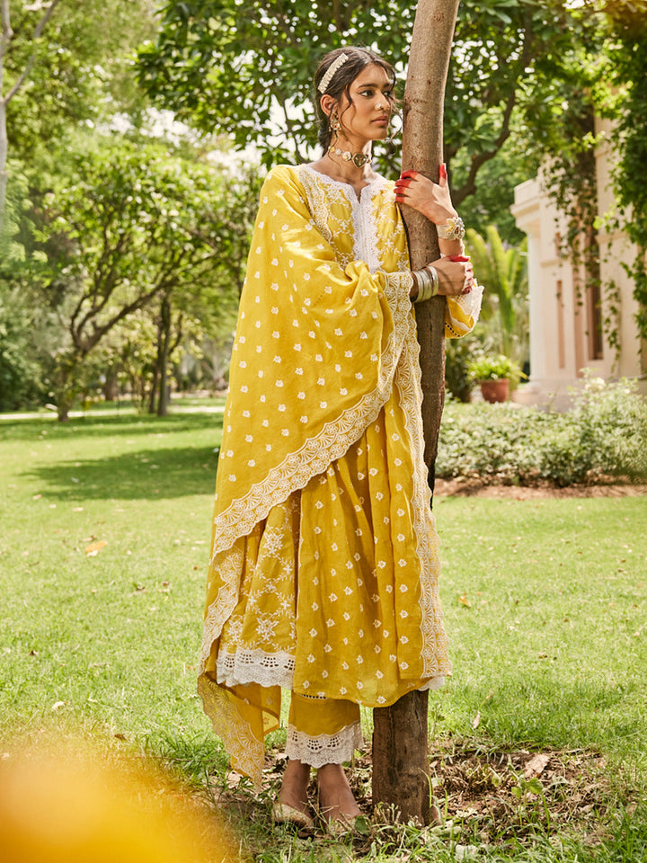 Yellow-Pure-Cotton-Schiffli-Anarkali-3-Piece-Kurta-Set
