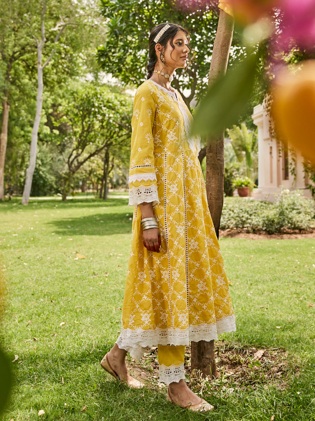 Yellow-Pure-Cotton-Schiffli-Anarkali-3-Piece-Kurta-Set