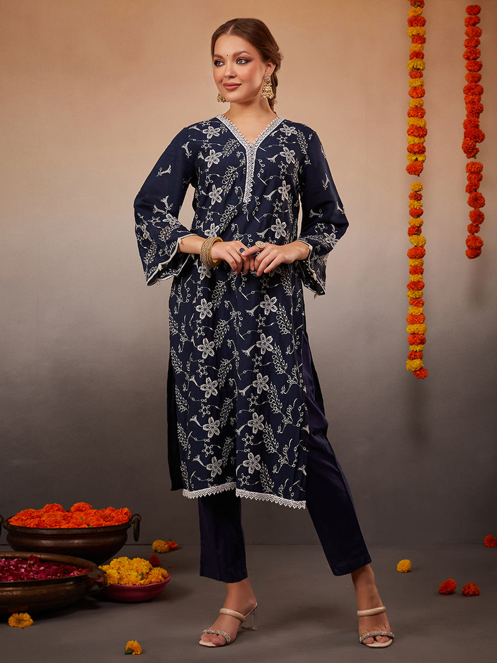 Navy-Blue-Silk-Blend-Schiffli-Floral-3-Piece-Kurta-Set