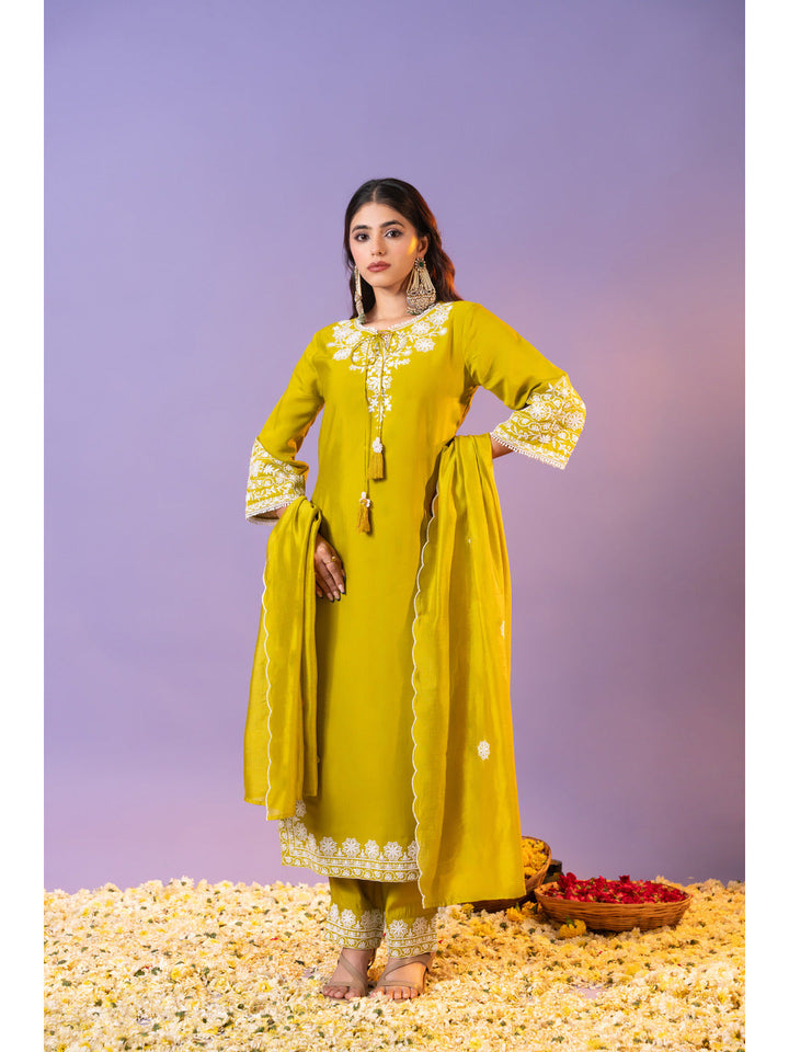 Green-Silk-Blended-Schiffli-Embroidered-3-Piece-Kurta-Set