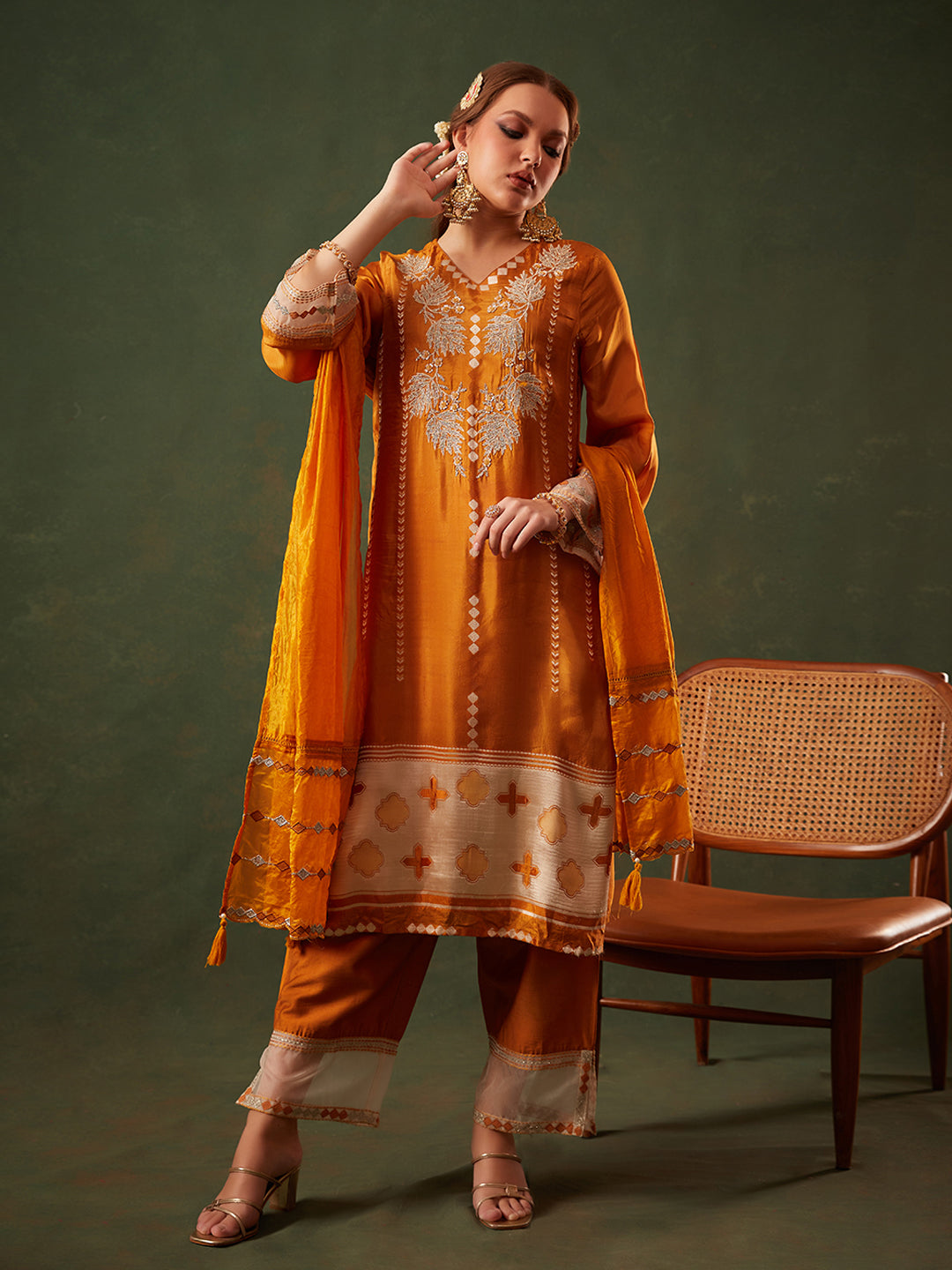 Mustard-Silk-Blend-Jacquard-Embroidered-3-Piece-Kurta-Set