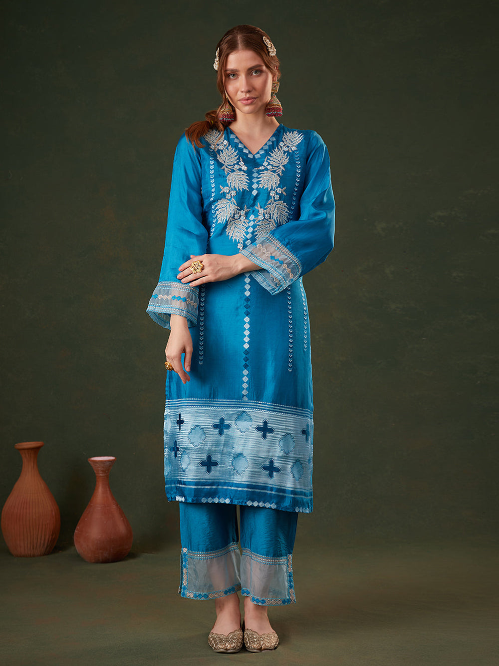 Blue-Silk-Blend-Jacquard-Floral-Embroidered-3-Piece-Kurta-Set