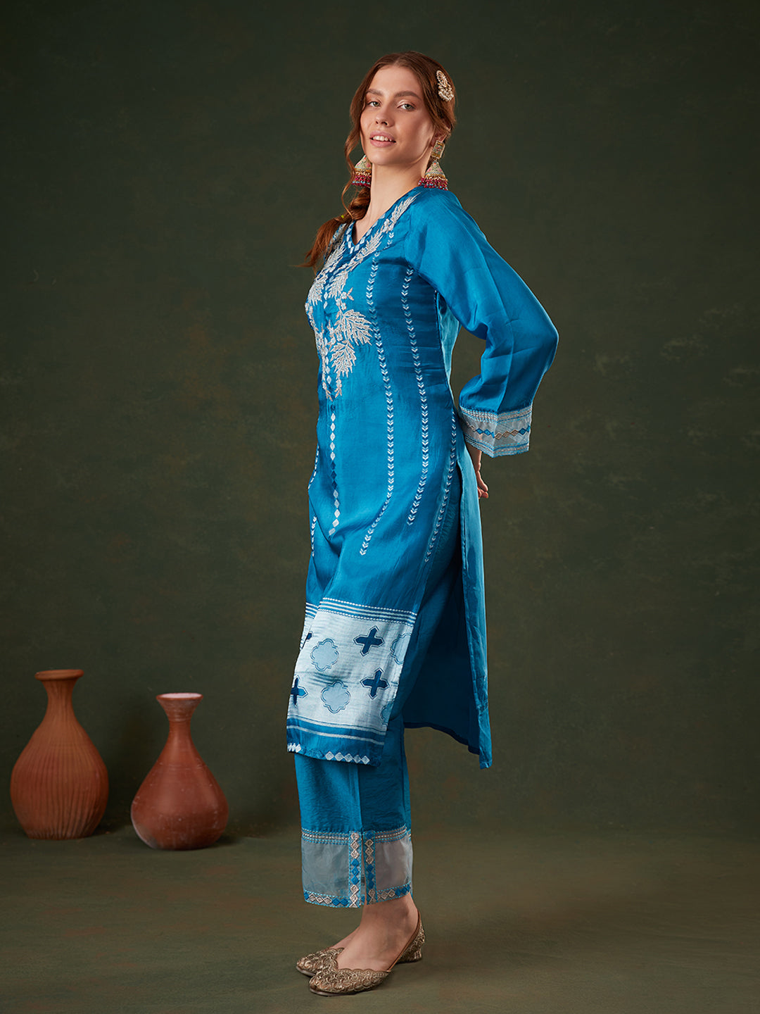 Blue-Silk-Blend-Jacquard-Floral-Embroidered-3-Piece-Kurta-Set