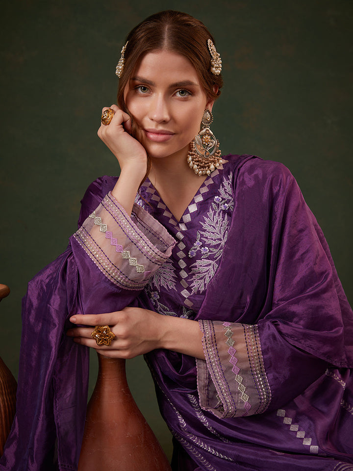 Purple-Silk-Blend-Jacquard-Floral-Embroidered-3-Piece-Kurta-Set