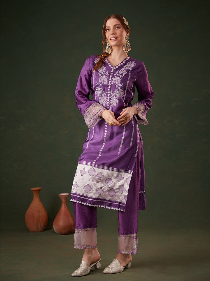 Purple-Silk-Blend-Jacquard-Floral-Embroidered-3-Piece-Kurta-Set