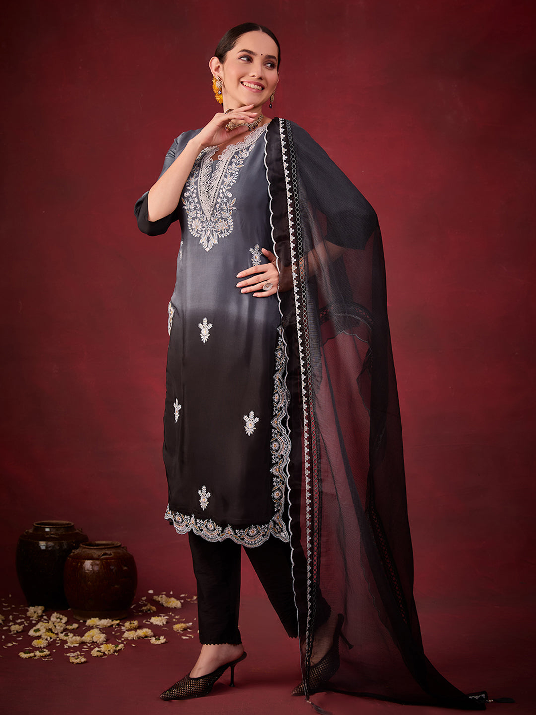 Black-Chanderi-Silk-Embroidered-Ombre-3-Piece-Kurta-Set