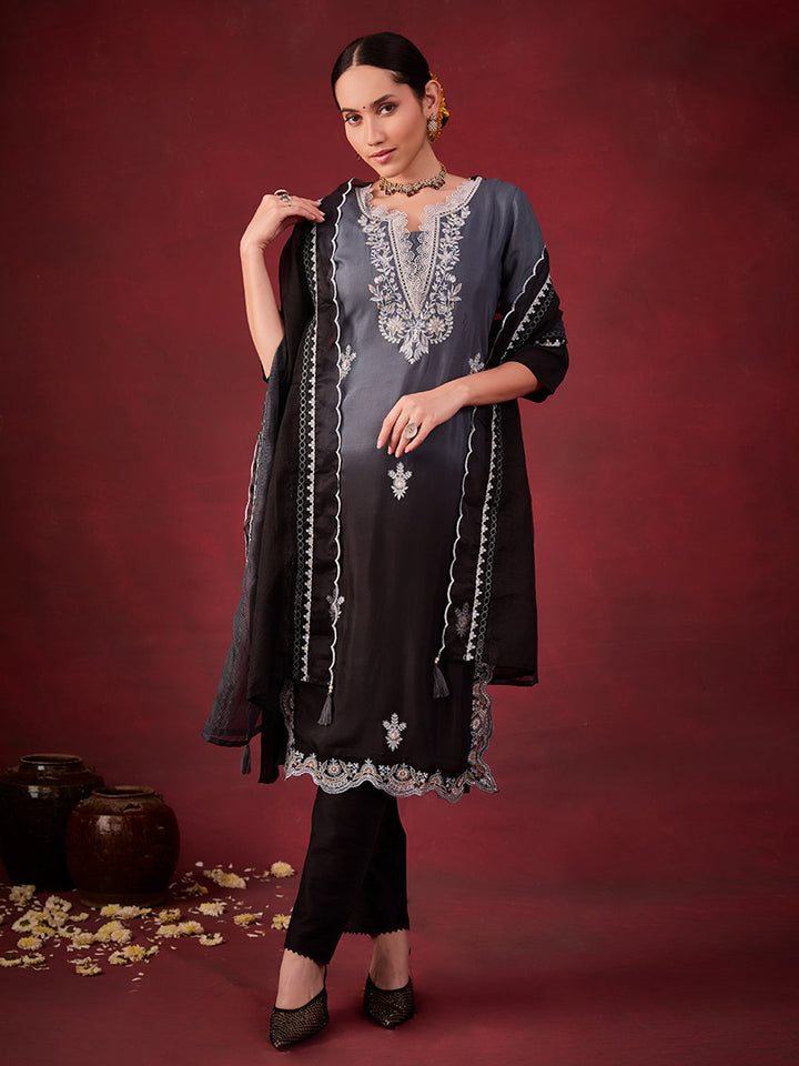 Black-Chanderi-Silk-Embroidered-Ombre-3-Piece-Kurta-Set