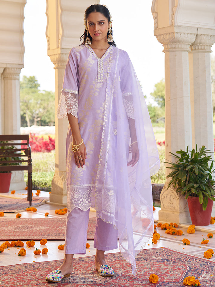 Lavender-Cotton-Blend-Jacquard-Embroidered-3-Piece-Kurta-Set