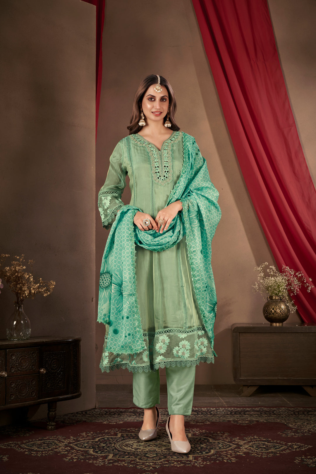 Teal-Organza-Embroidered-3-Piece-Anarkali-Set