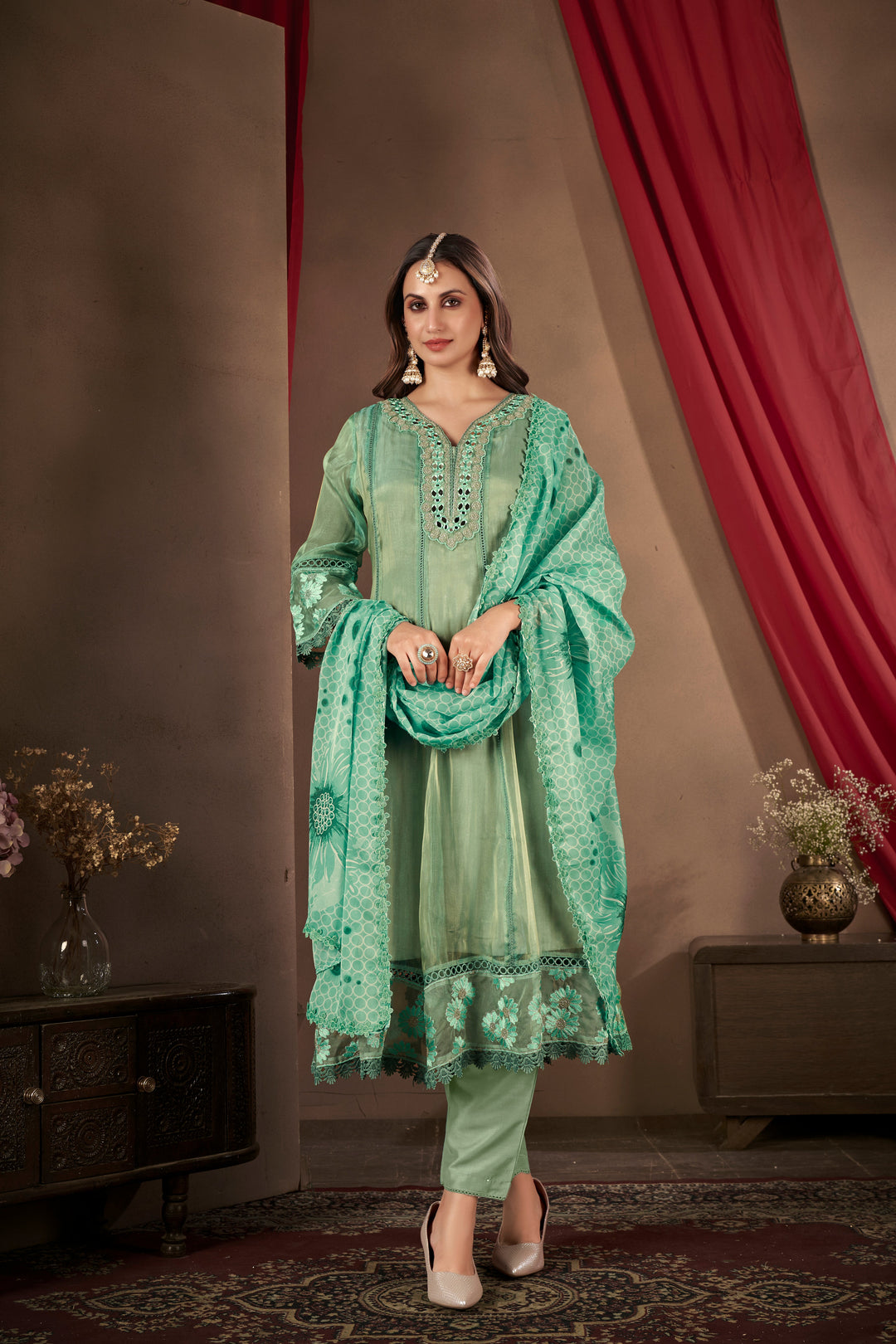 Teal-Organza-Embroidered-3-Piece-Anarkali-Set