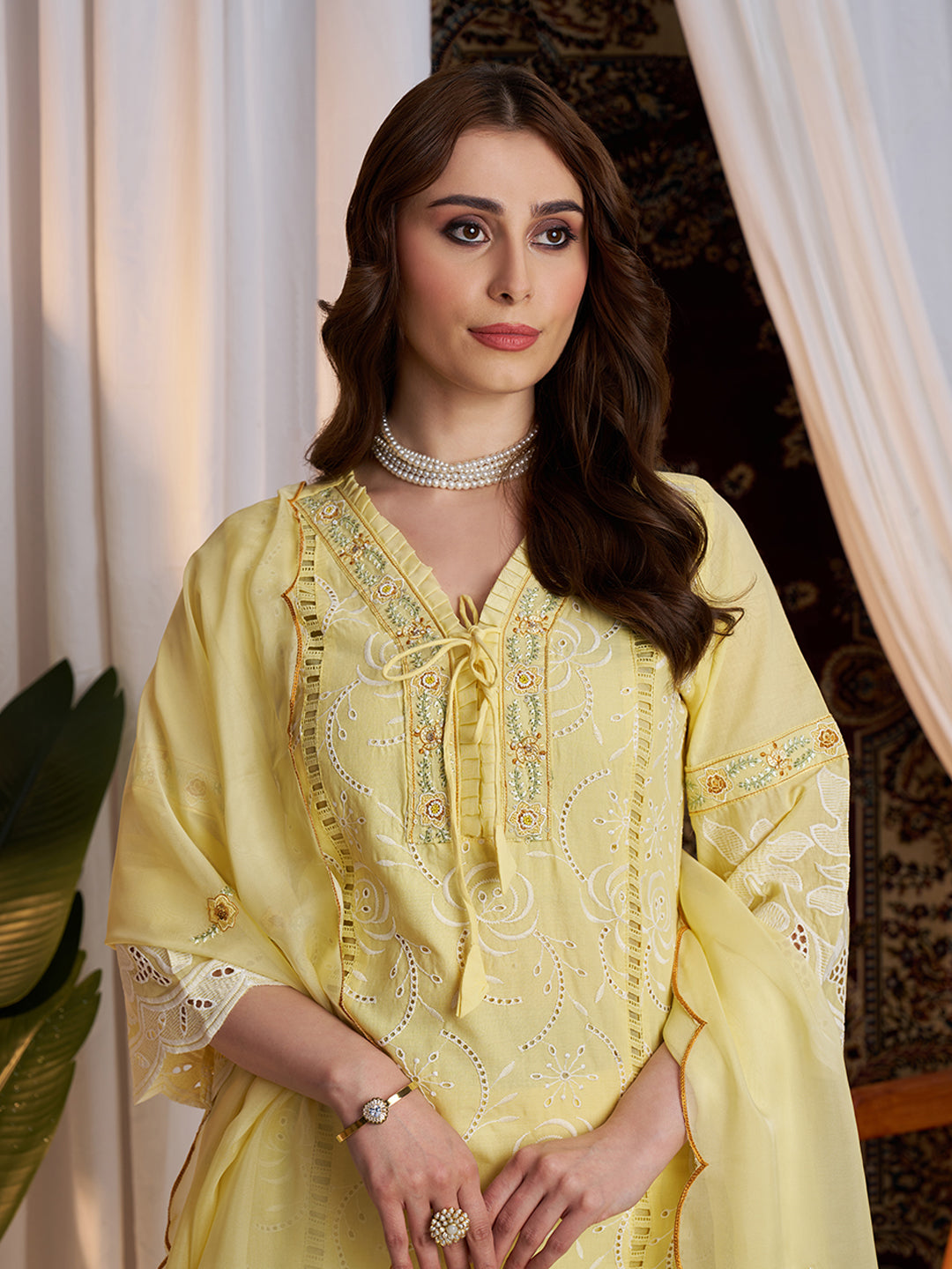 Light-Yellow-Cotton-Schiffli-Embroidered-3-Piece-Kurta-Set