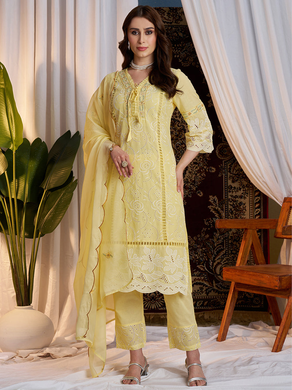 Light-Yellow-Cotton-Schiffli-Embroidered-3-Piece-Kurta-Set
