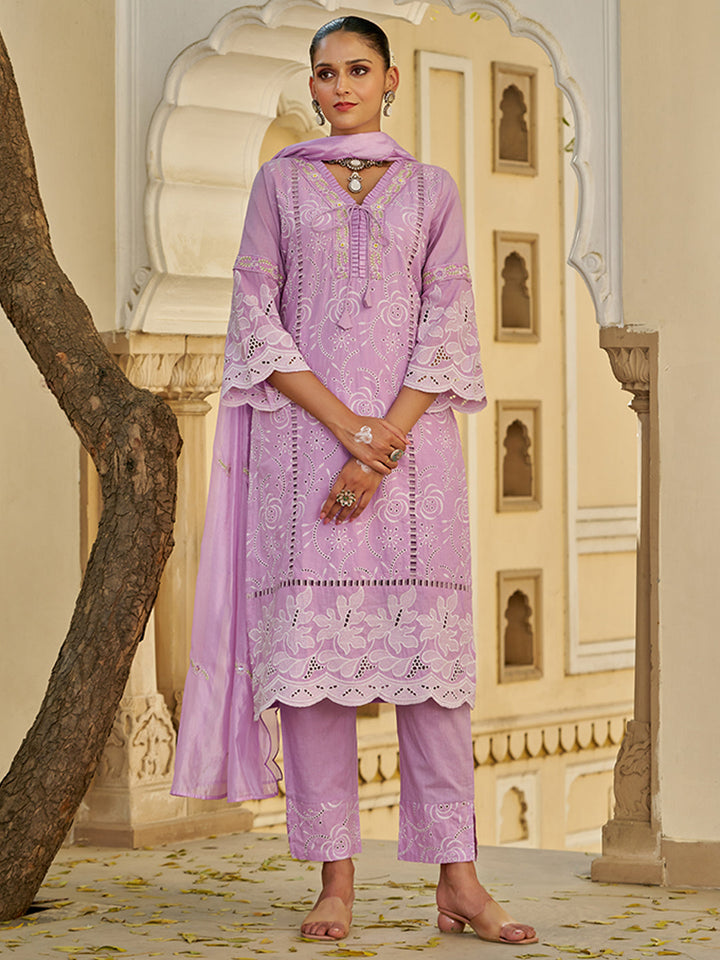 Lavender-Cotton-Schiffli-Embroidered-3-Piece-Kurta-Set