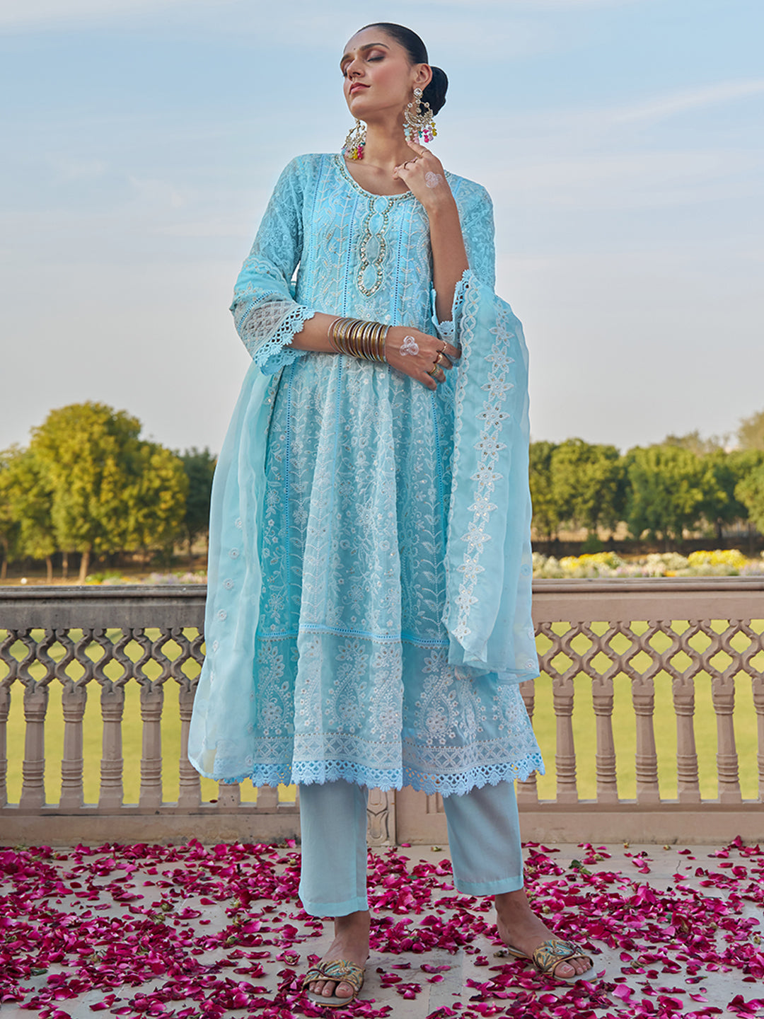 Blue-Viscose-Georgette-Chickankari-Embroidered-Anarkali-Set