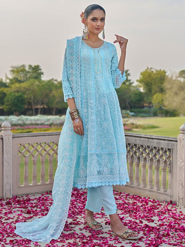 Blue-Viscose-Georgette-Chickankari-Embroidered-Anarkali-Set