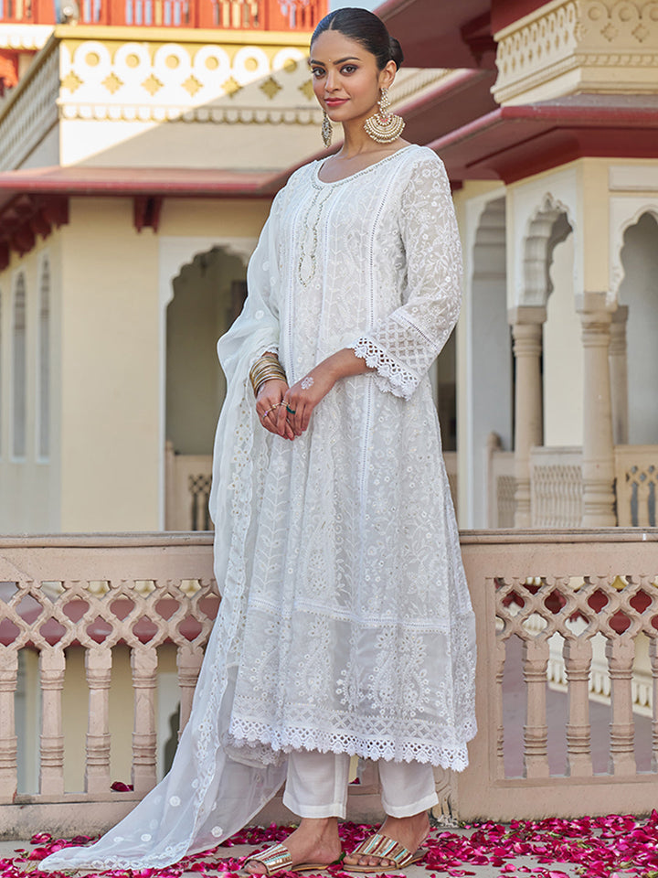 Off-white-Viscose-Georgette-Chickankari-Embroidered-Anarkali-Set