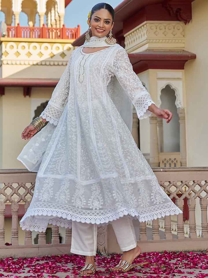 Off-white-Viscose-Georgette-Chickankari-Embroidered-Anarkali-Set