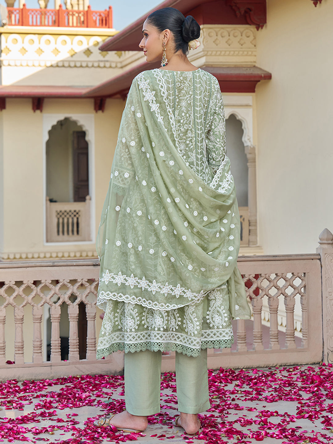 Olive-Viscose-Georgette-Chickankari-Embroidered-Anarkali-Set