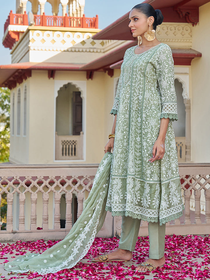 Olive-Viscose-Georgette-Chickankari-Embroidered-Anarkali-Set